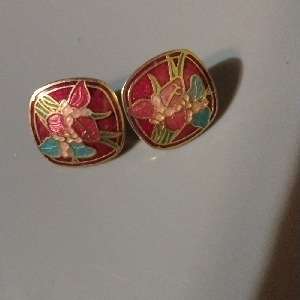 Cloisonne vintage red earrings pierced (sku 981)